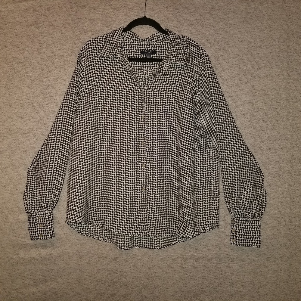 Chaps Women's 2XL Houndstooth Button Shirt Blouse Long Sleeve Top Black White